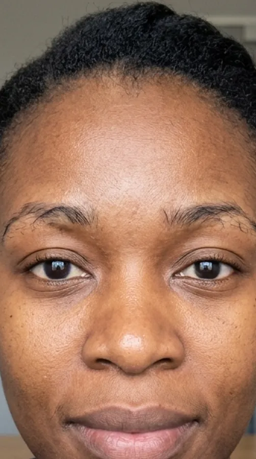 Foto de una mujer ficticia con cejas finas.